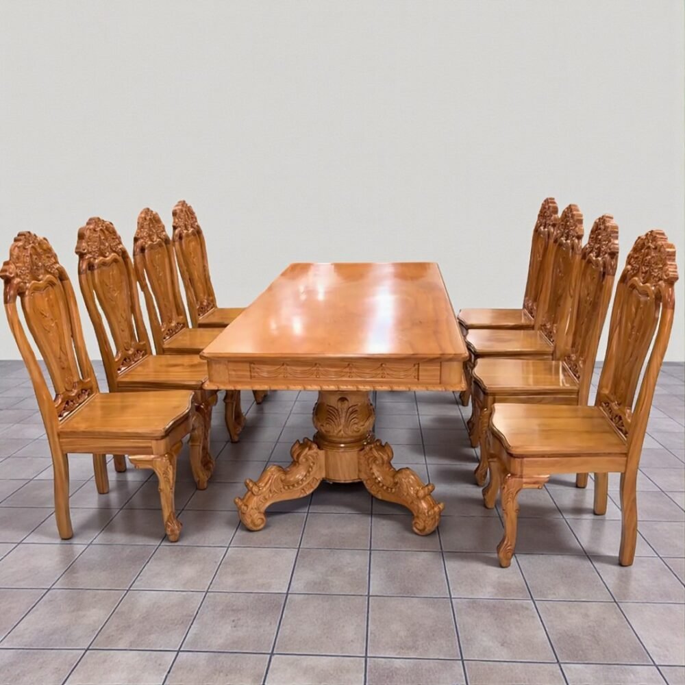 Bộ bàn ăn gỗ gõ đỏ mặt liền nguyên tấm 3 phân MS 3340