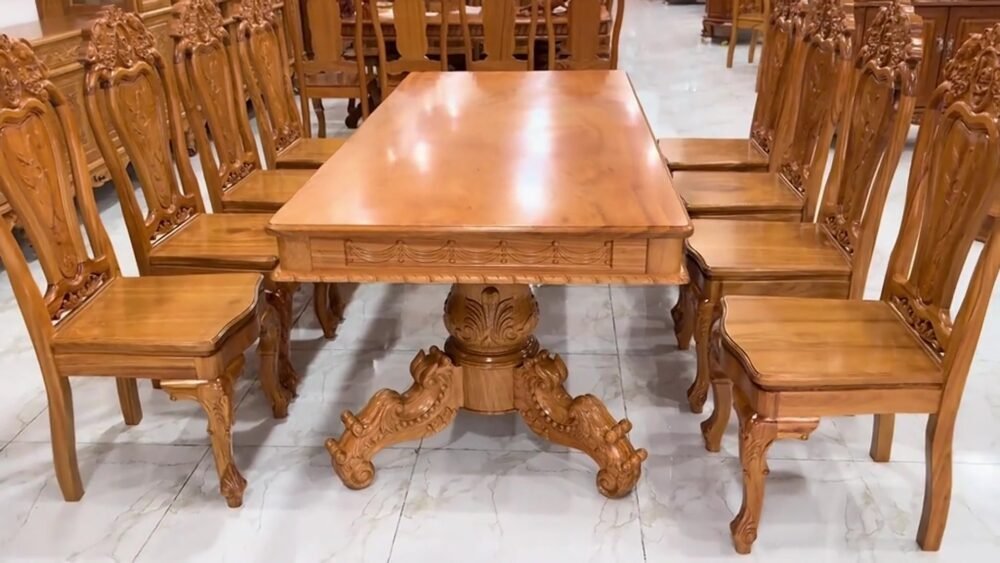 Mặt bàn nguyên tấm bộ bàn ăn 8 ghế gỗ gõ đỏ tự nhiên