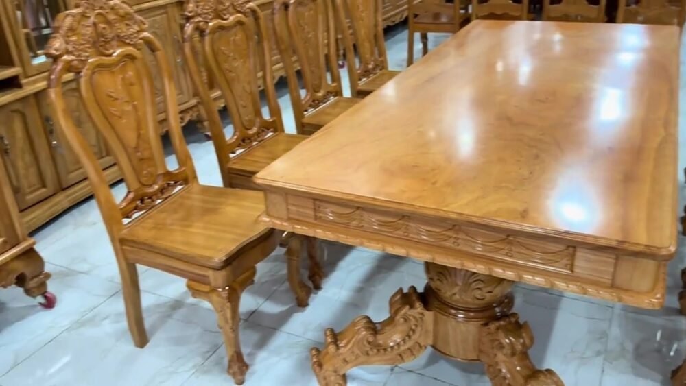 Bộ bàn ăn 8 ghế gỗ gõ đỏ mặt liền nguyên tấm cao cấp