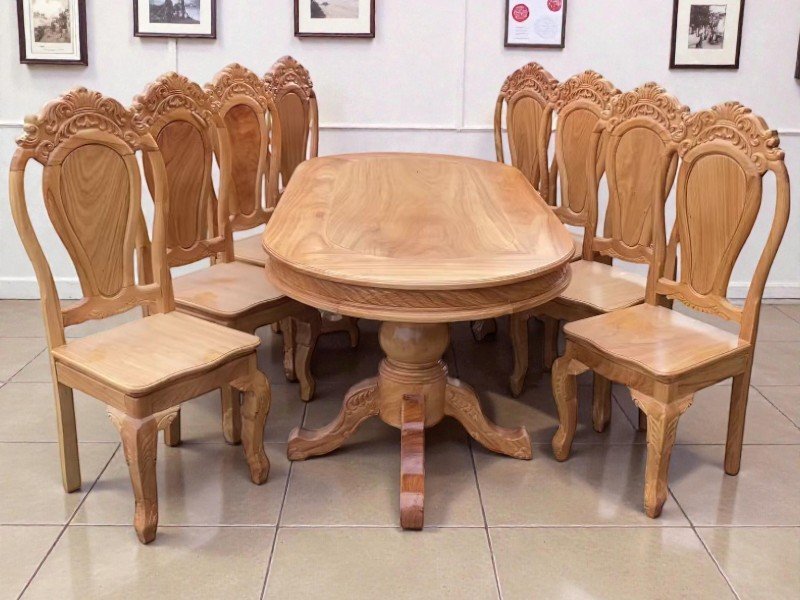Bàn ăn oval 8 ghế gỗ gõ đỏ MS 3302 - chi tiết vân gỗ tự nhiên