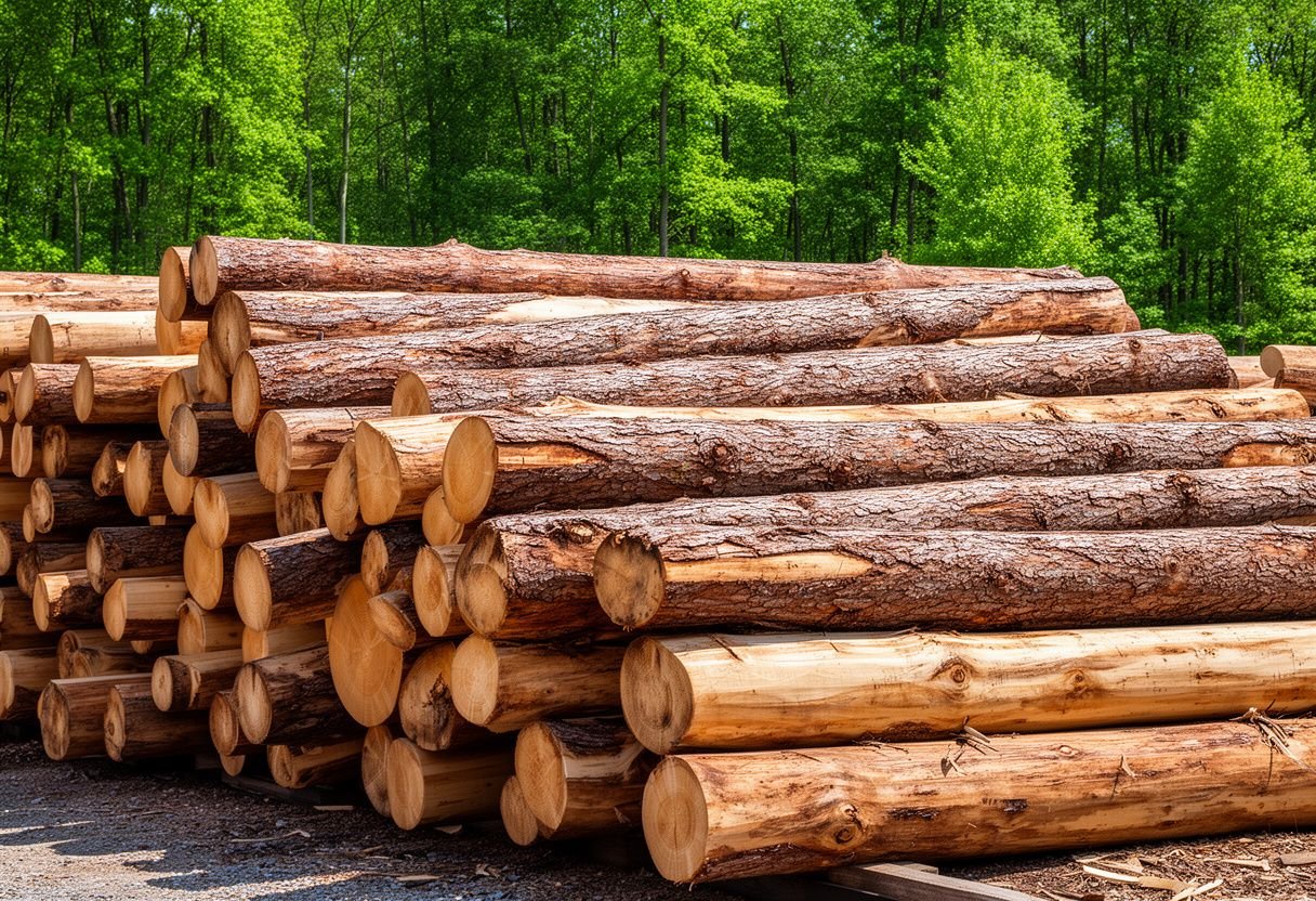 Khúc gỗ tự nhiên tròn xếp đống ngoài bãi gỗ ven rừng