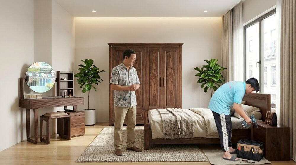 Combo phòng ngủ gỗ sồi sơn màu óc chó