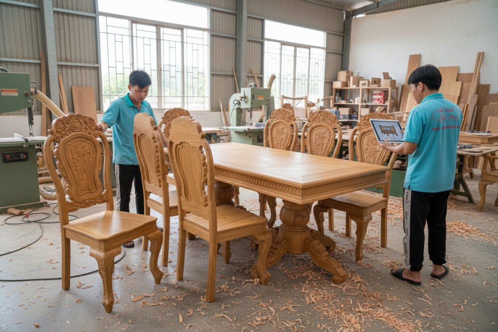 Bộ bàn ăn 8 ghế gỗ gõ đỏ MS 3335 - bề mặt hoàn thiện
