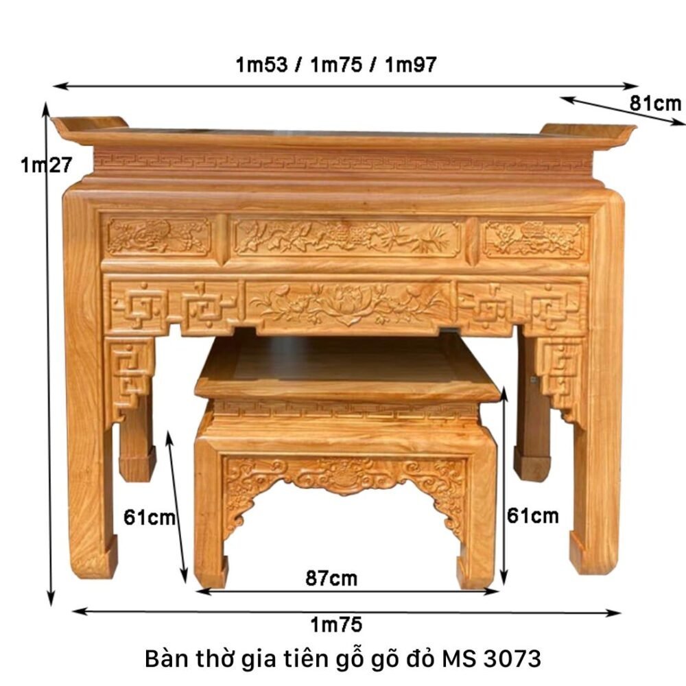 Kích thước bàn thờ gia tiên đẹp Bàn thờ gia tiên đẹp gỗ gõ đỏ MS 3073