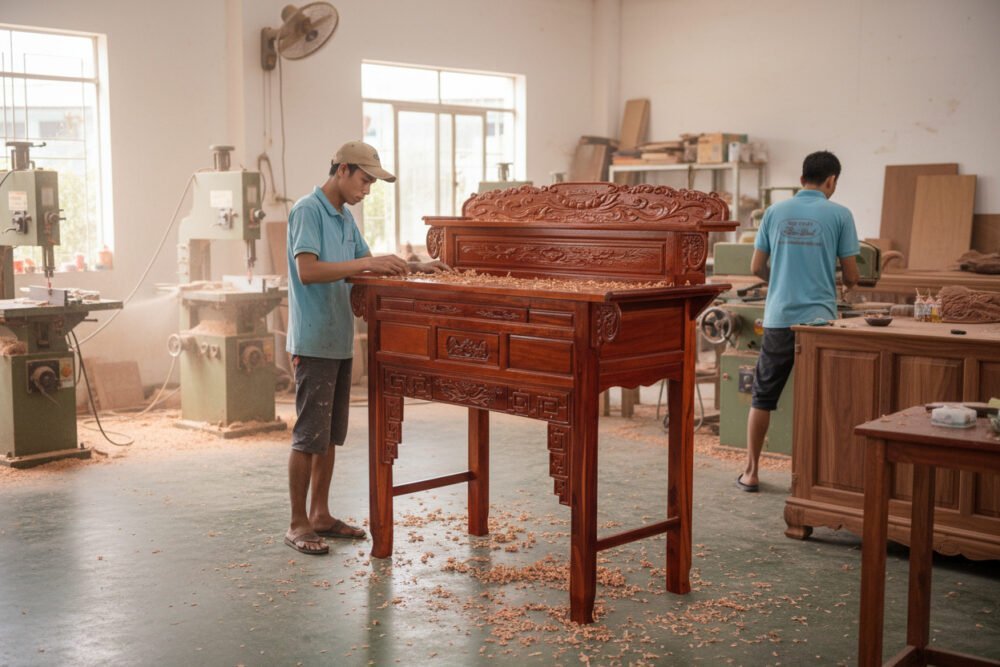 Bàn thờ gỗ tràm 1m54 gỗ tự nhiên MS 3374 - bề mặt hoàn thiện