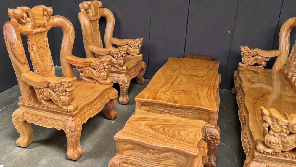Bàn trà bộ salon gỗ gõ đỏ chạm đào tinh xảo