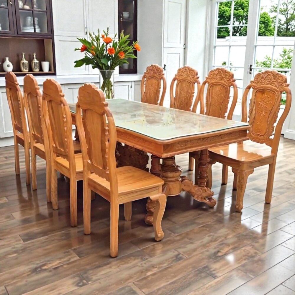 Bộ bàn ăn 8 ghế gỗ gõ đỏ chân sư tử MS 3341 - góc nghiêng