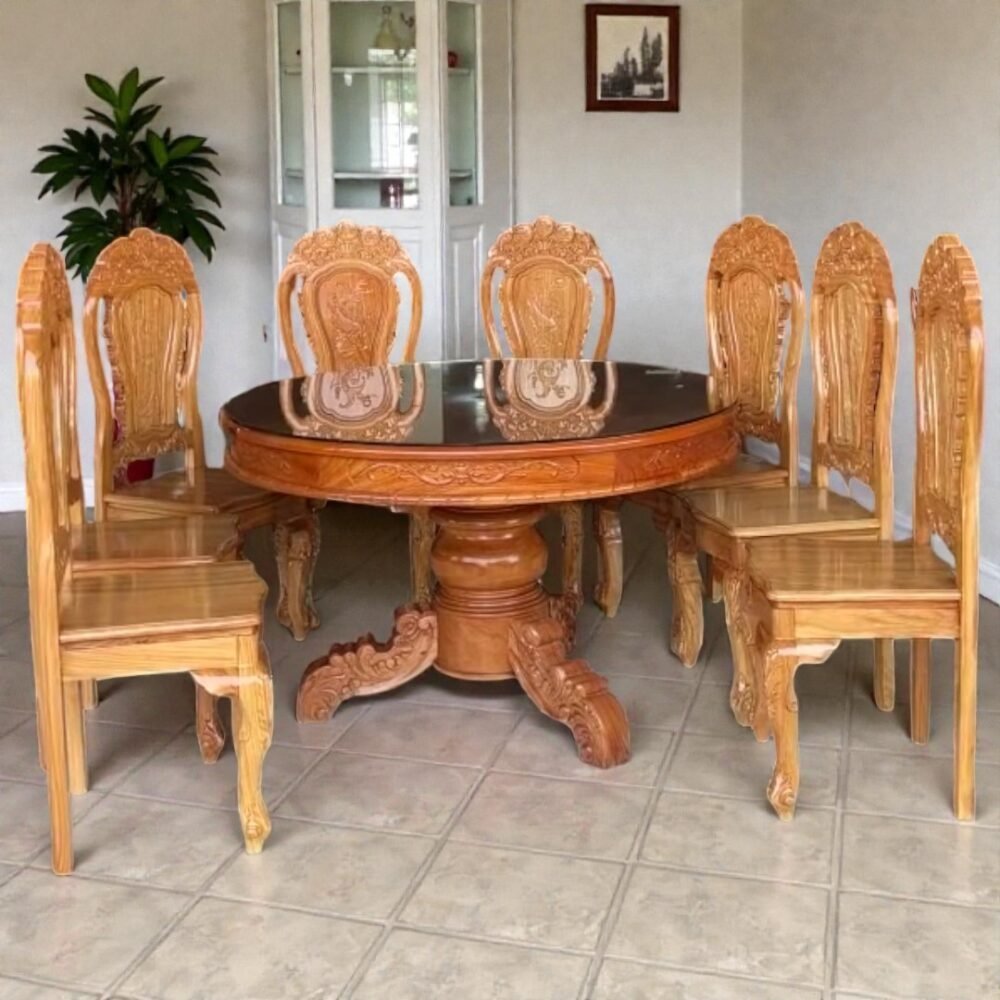 Bộ bàn tròn gỗ gõ đỏ 8 ghế