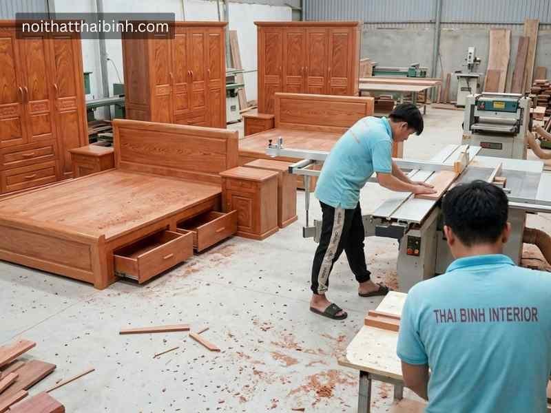 Bộ phòng ngủ gỗ tự nhiên vân hương đá tại xưởng mộc nội thất Thái Bình