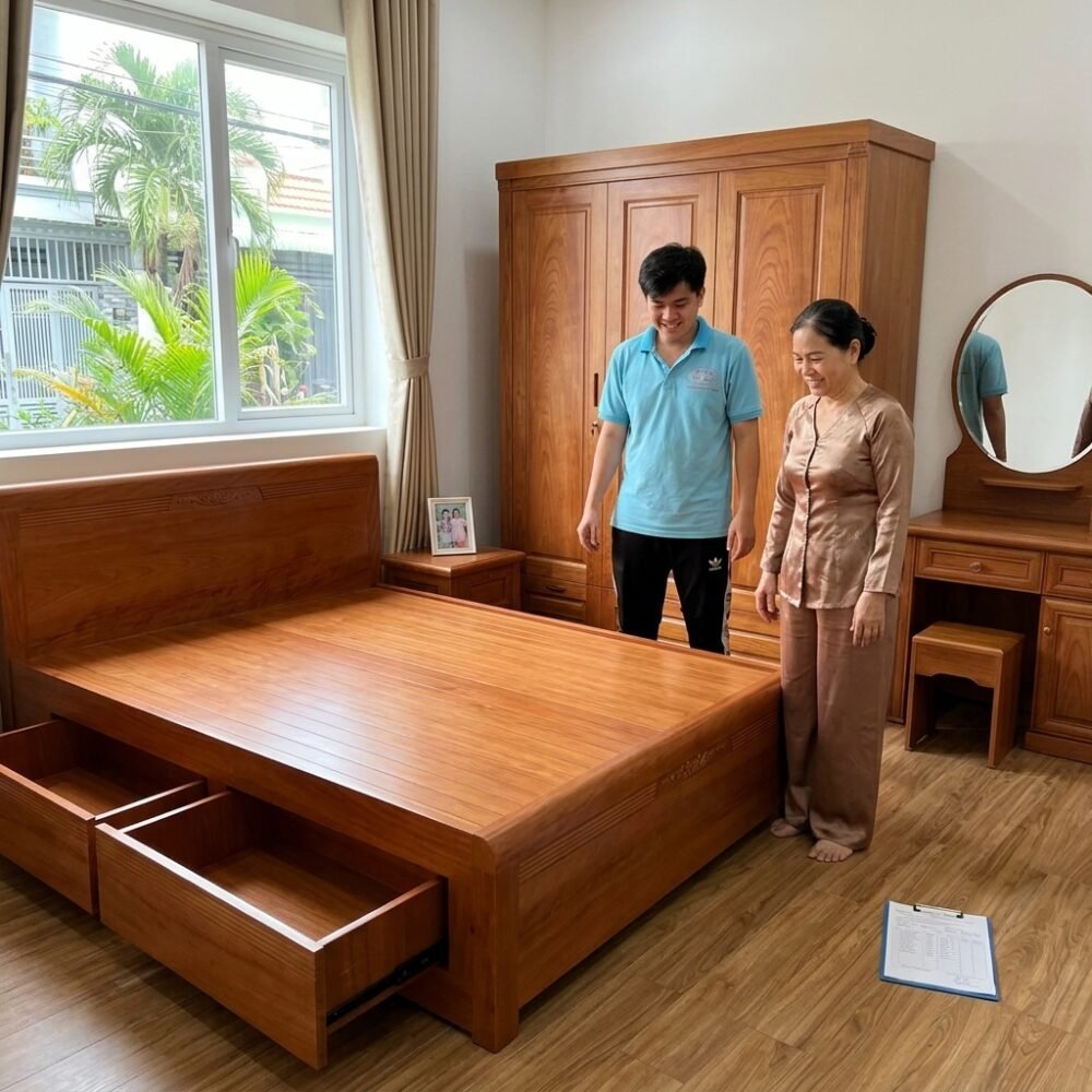 Bộ phòng ngủ gỗ xoan đào - bề mặt hoàn thiện