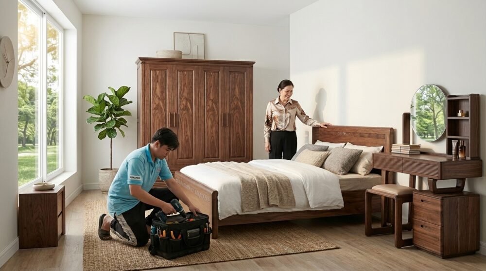 Combo phòng ngủ gỗ sồi sơn màu óc chó - mẫu thực tế tại xưởng