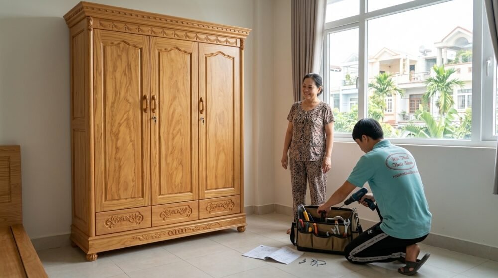 Tủ quần áo gỗ gõ đỏ 3 cánh - đóng tại xưởng Thái Bình TPHCM