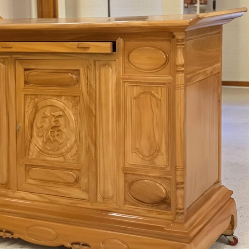 Tủ Thờ Gỗ Gõ Đỏ Tự Nhiên Chạm Chữ Phúc MS 3347 - góc nghiêng