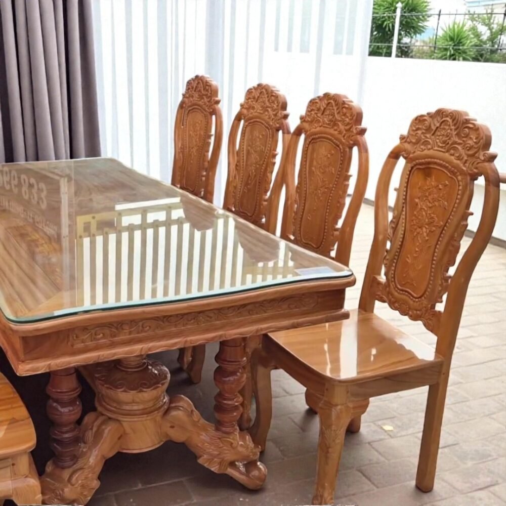 Bộ bàn ăn 8 ghế gỗ gõ đỏ chân sư tử MS 3341 - nhìn tổng thể