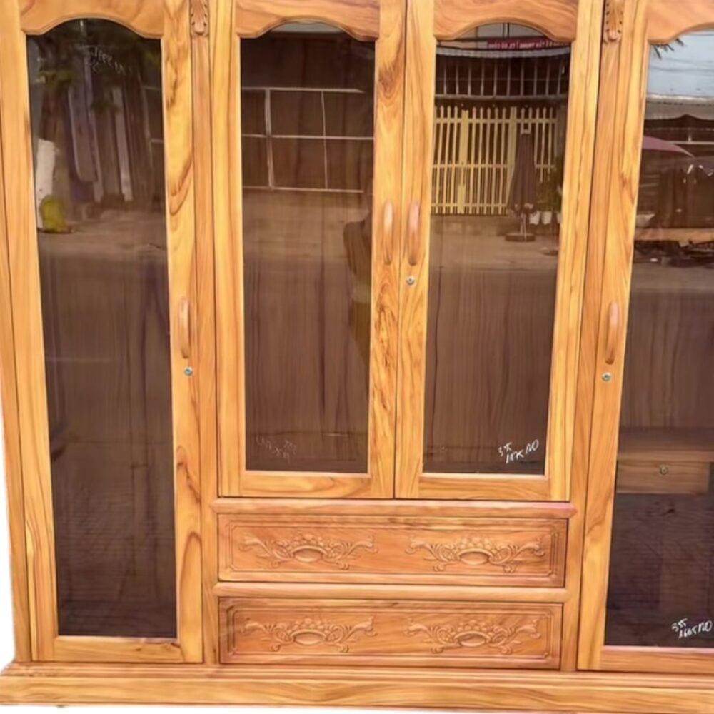 Chi tiết tủ quần áo gỗ gõ đỏ cánh kính cường lực thiết kế sang trọng
