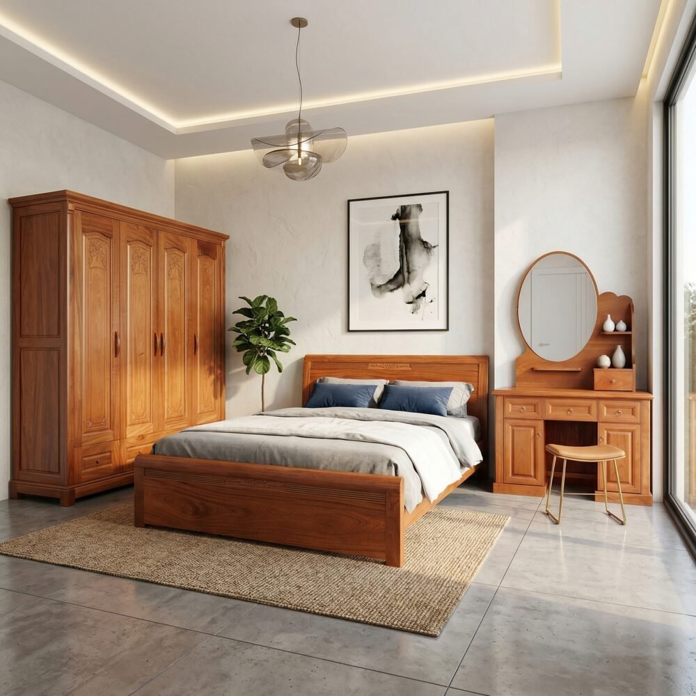 Combo phòng ngủ gỗ hiện đại vân xoan đẹp sang trọng