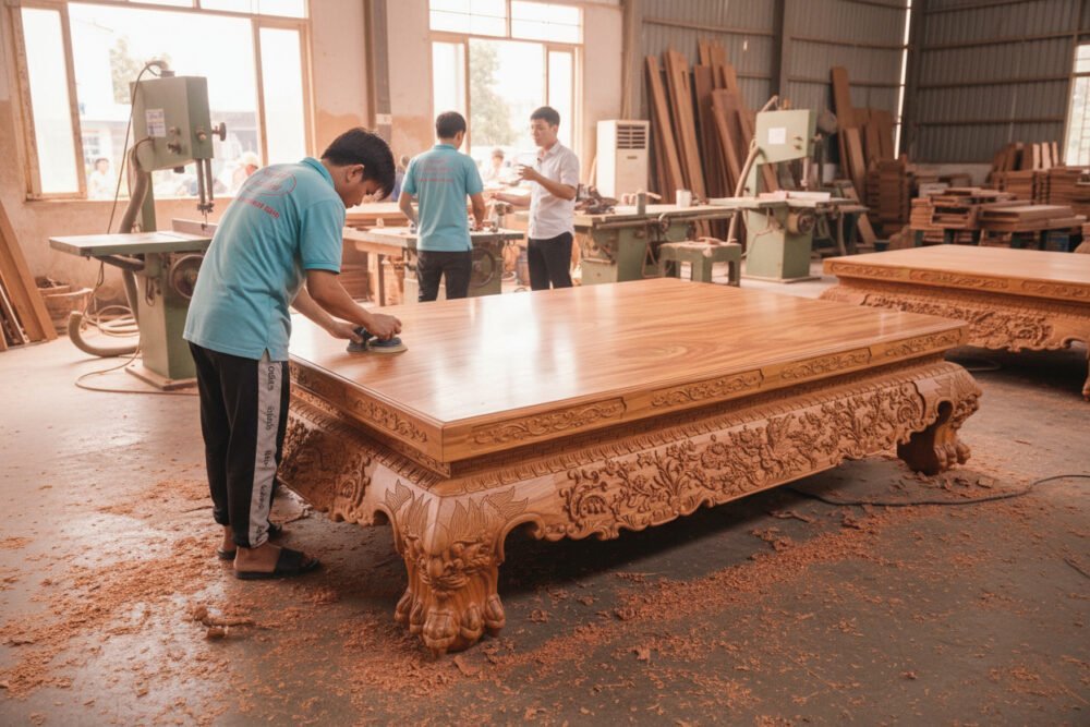 Đi văng gỗ gõ đỏ chân quỳ cao cấp 
