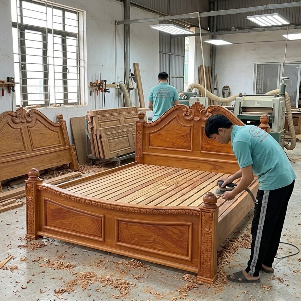 Giường Gõ Đỏ Tự Nhiên Cao Cấp MS 3442 - đóng tại xưởng Thái Bình TPHCM