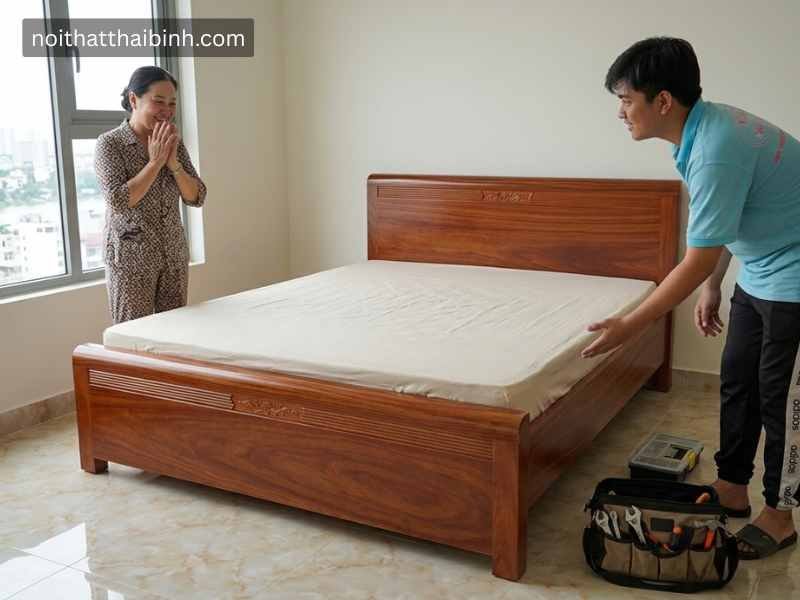 Giường ngủ gỗ tự nhiên vân cẩm - mẫu thực tế tại xưởng
