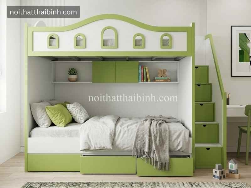 Giường tầng cầu thang hộp có 3 hộc kéo chứa đồ an toàn cho bé