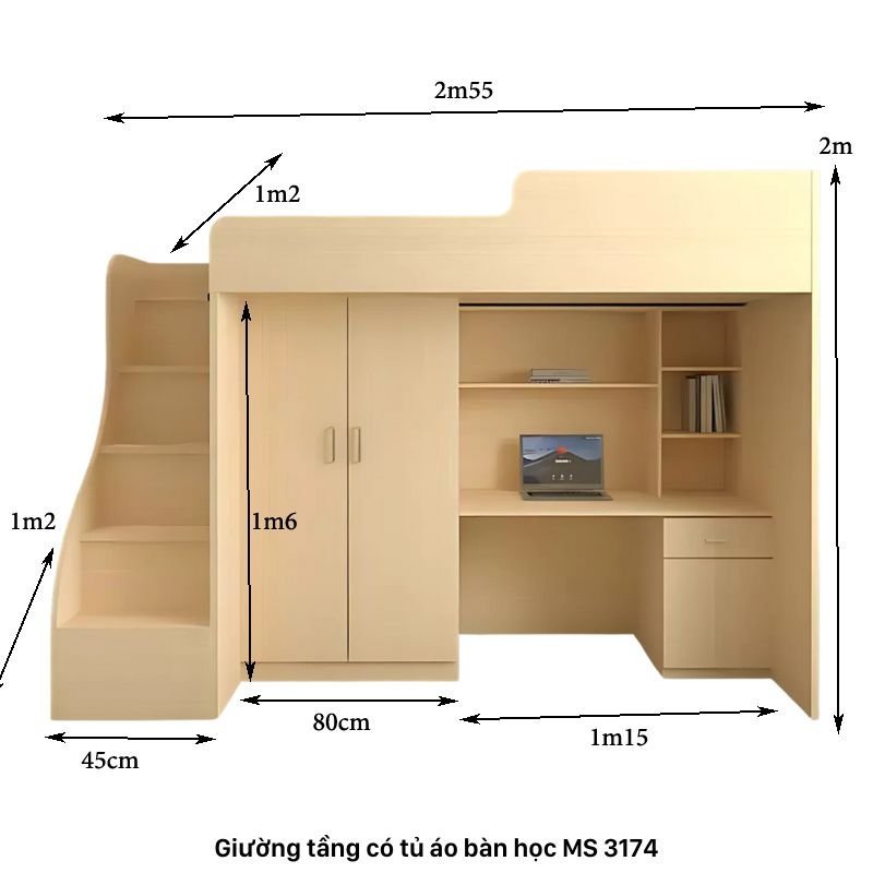 Giường tầng có bàn học ở dưới MS 3174
