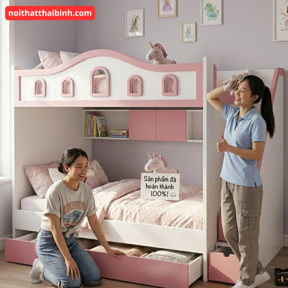 Giường tầng màu hồng MS 3435 - góc nghiêng
