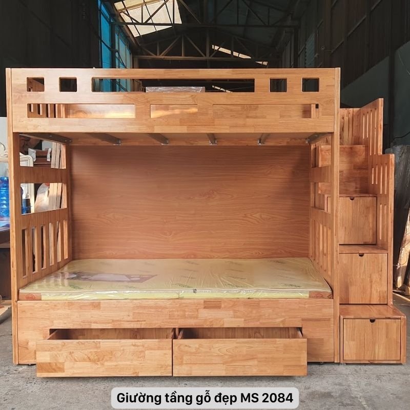 Giường tầng gỗ tự nhiên đẹp Giường tầng gỗ đẹp MS 2084 - kỹ thuật đóng mộng chắc chắn