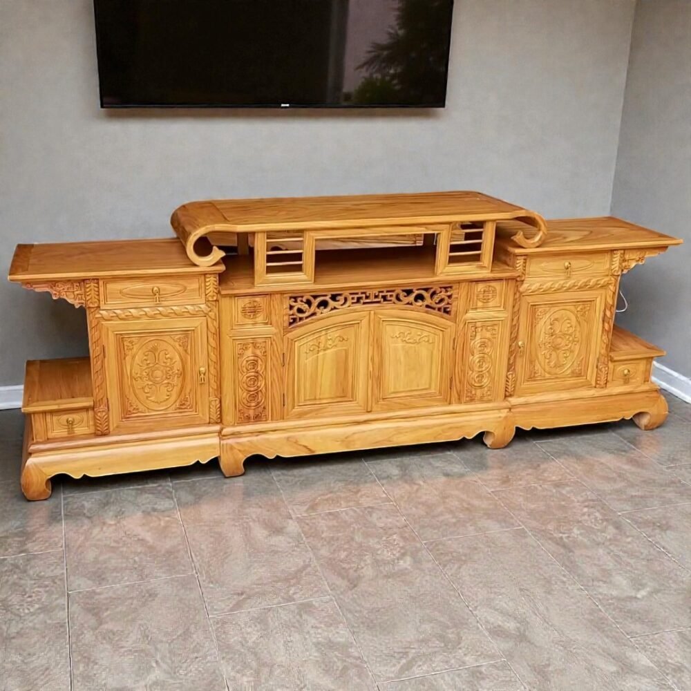Kệ tivi gỗ gõ đỏ tự nhiên MS 3361 - góc nghiêng