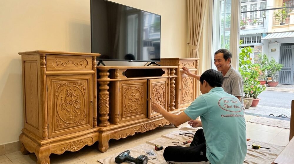 Kệ tivi gỗ gõ đỏ sang trọng bền đẹp - đóng tại xưởng Thái Bình TPHCM