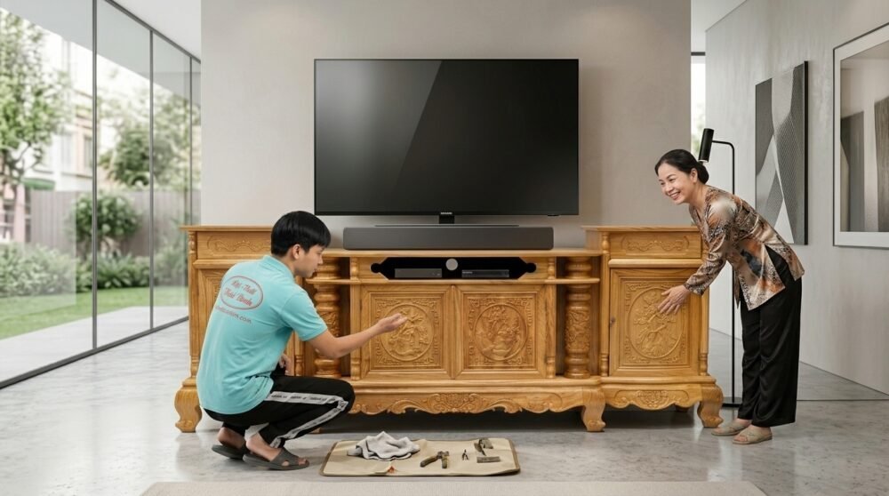 Kệ tivi gỗ gõ đỏ sang trọng bền đẹp - mẫu thực tế tại xưởng
