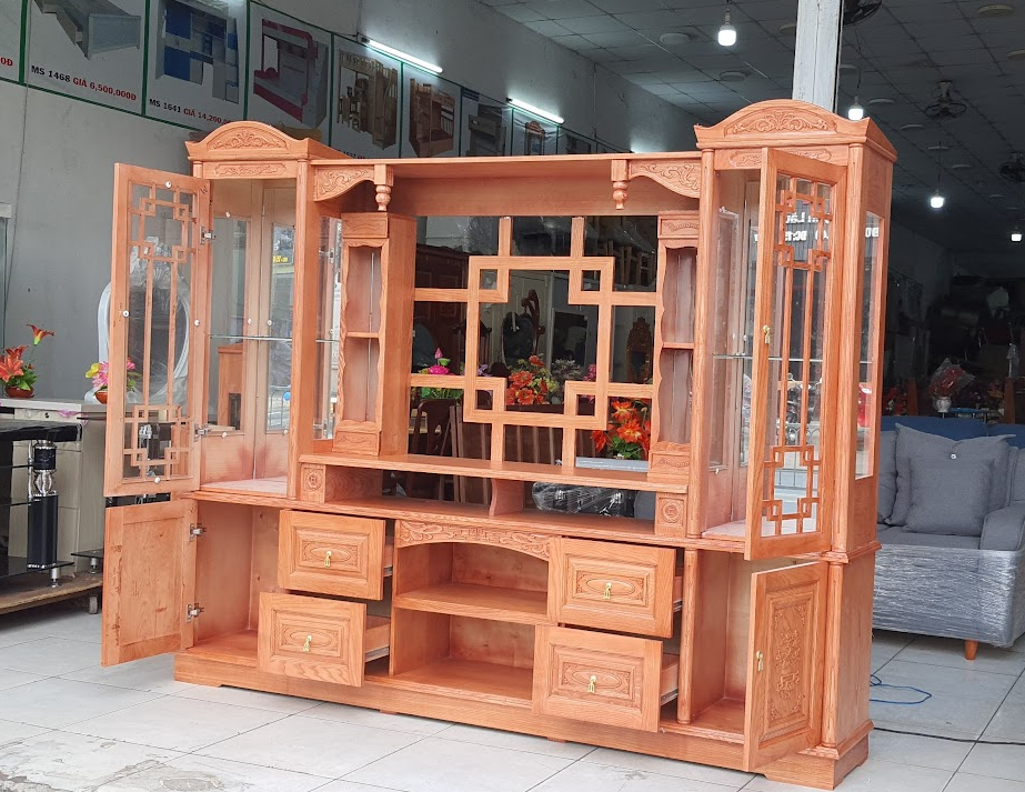 Kệ tivi gỗ kết hợp tủ trang trí MS 2747 - mẫu thực tế tại xưởng