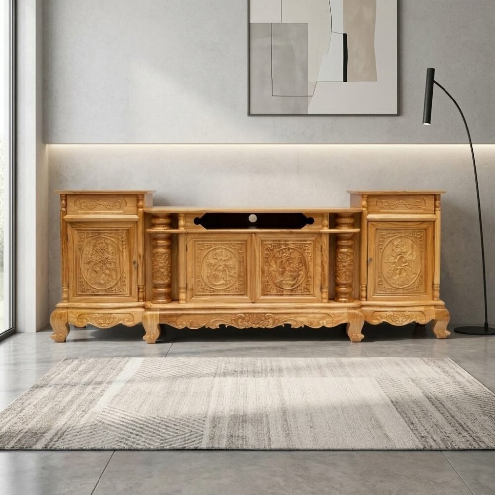 Kệ tivi gỗ gõ đỏ sang trọng bền đẹp - nhìn tổng thể