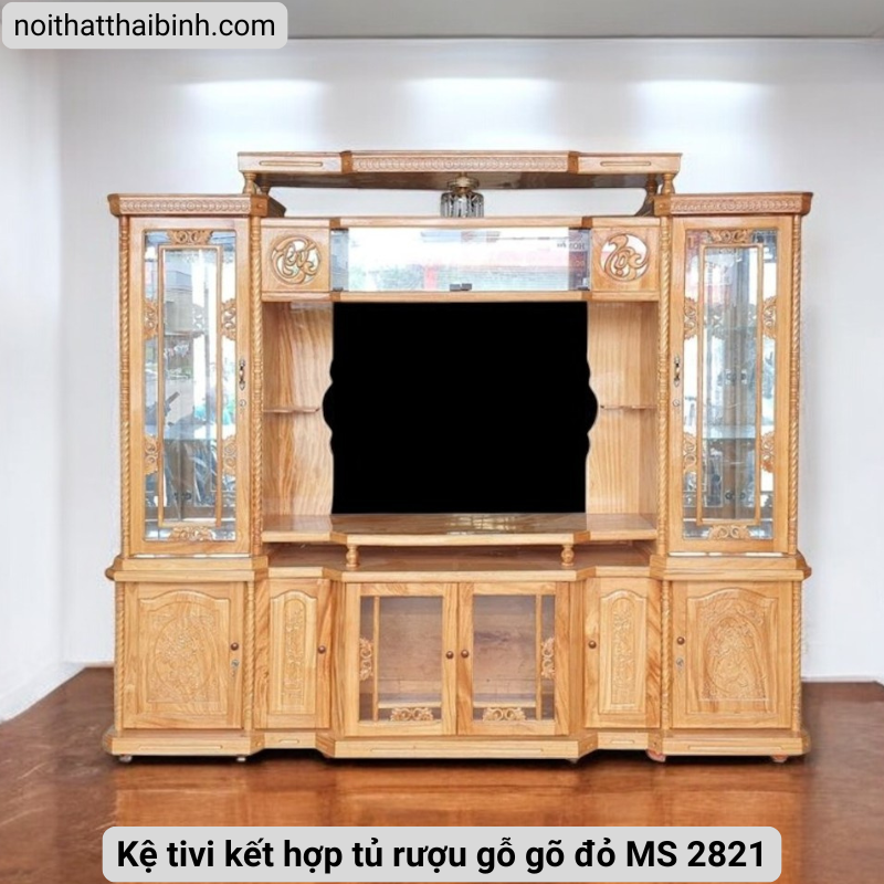 Kệ tivi kết hợp tủ rượu gỗ gõ đỏ