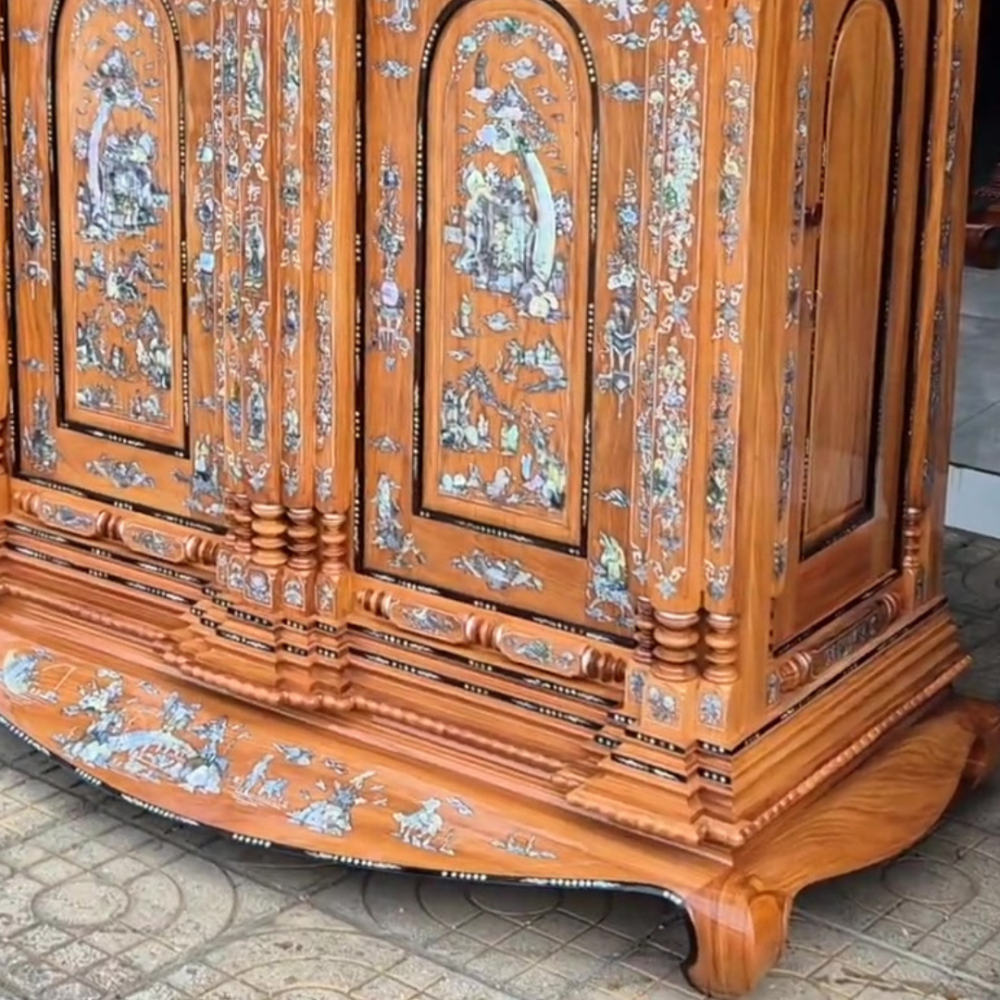 Kết cấu 15 trụ tủ thờ gỗ Gõ Đỏ tự nhiên