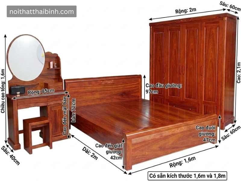 Combo phòng ngủ gỗ tự nhiên vân cẩm - đóng tại xưởng Thái Bình TPHCM
