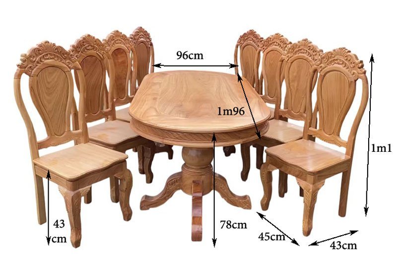 Kích thước bàn ăn oval 8 ghế gỗ gõ đỏ Bàn ăn oval 8 ghế gỗ gõ đỏ MS 3302