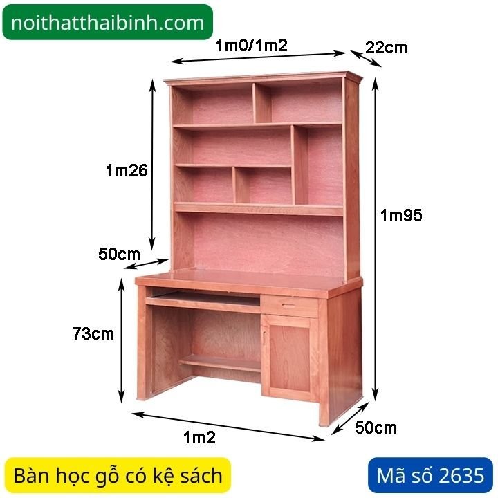 Kích thước bàn học gỗ có kệ sách Bàn học gỗ có kệ sách MS 2635