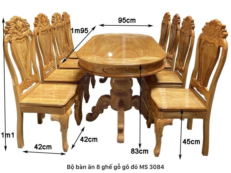 Kích thước bộ bàn ăn 8 ghế