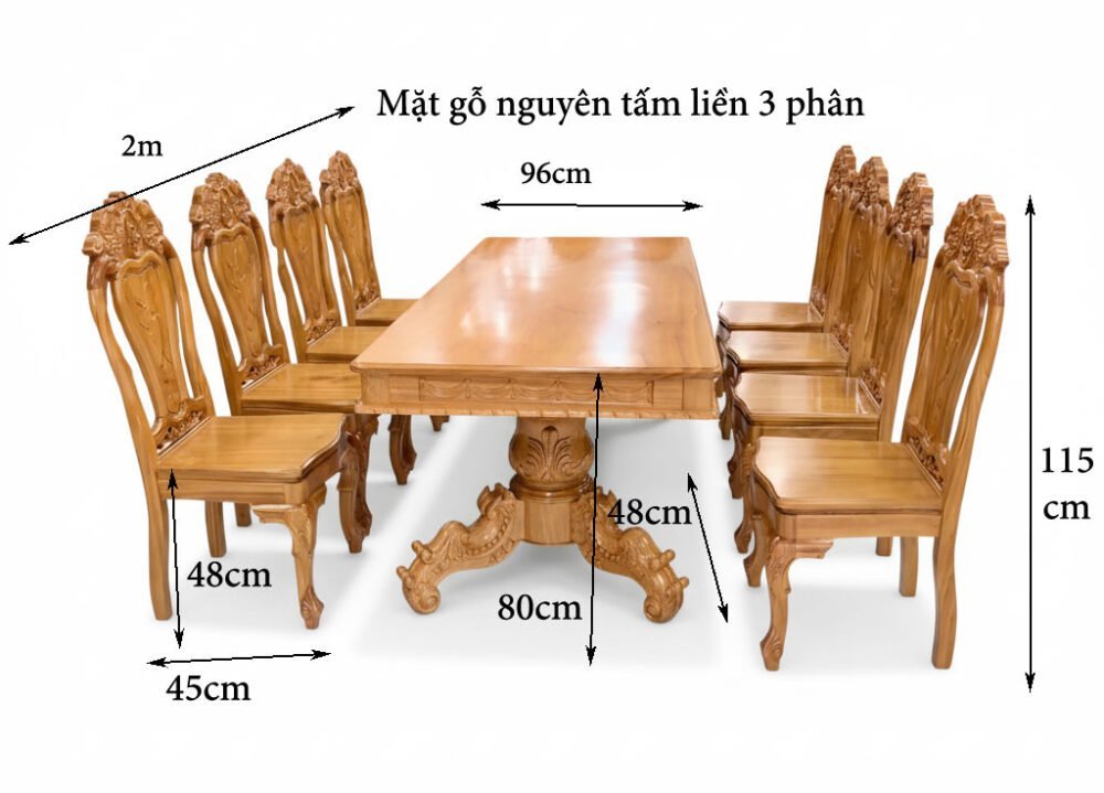Kích thước bộ bàn ăn 8 ghế gỗ gõ đỏ