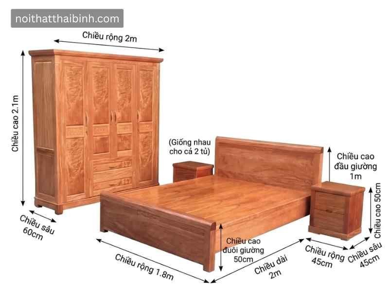 Kích thước bộ phòng ngủ gỗ tự nhiên vân Đinh Hương