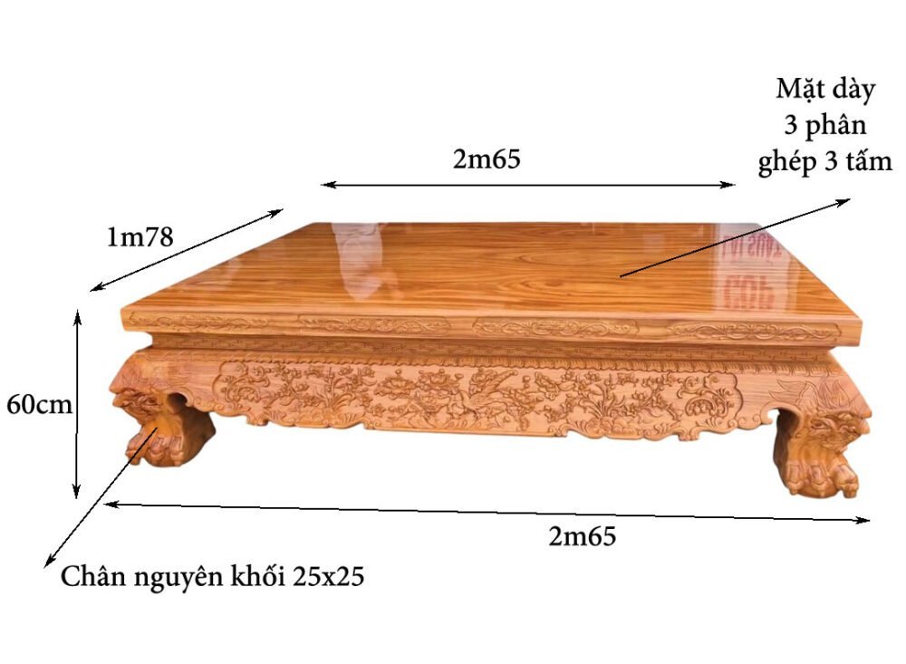 Kích thước đi văng gỗ gõ đỏ chân quỳ