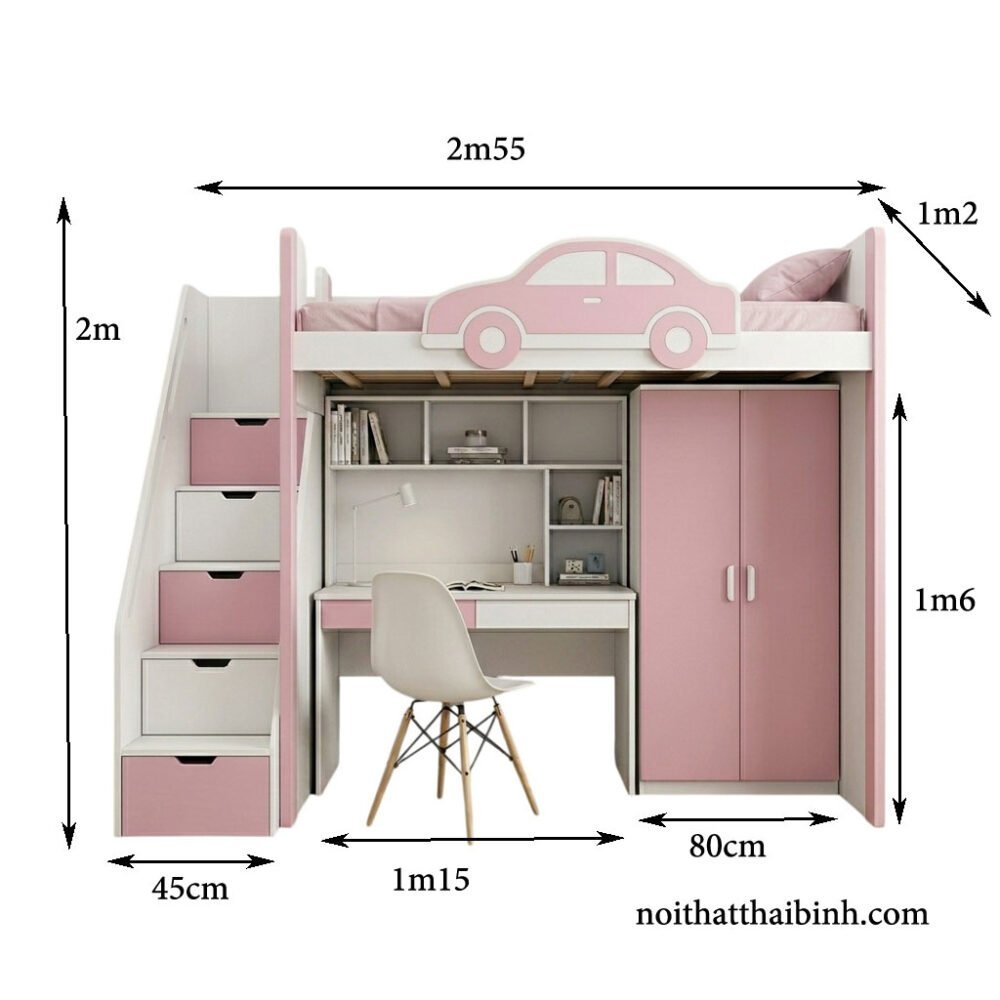 Giường tầng kết hợp bàn học tủ quần áo MS 3432 - chi tiết vân gỗ tự nhiên