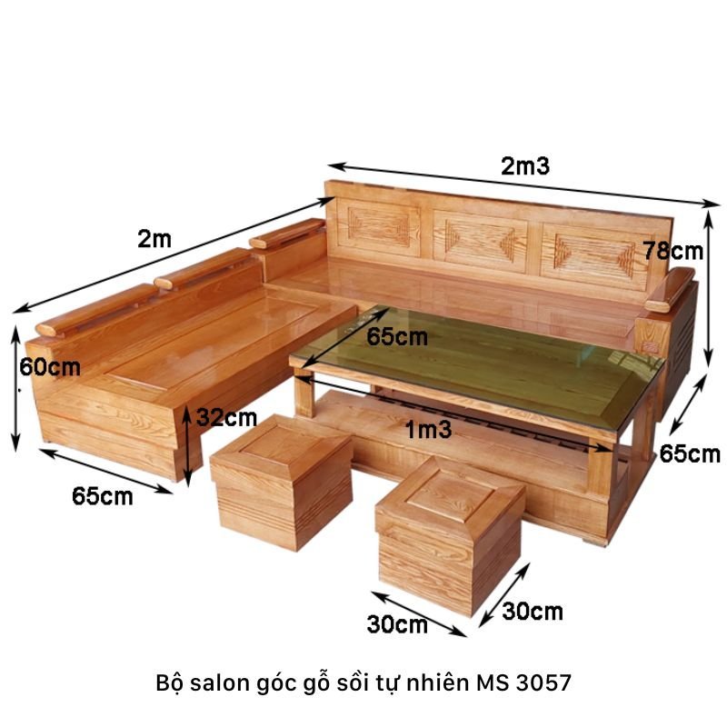 Kích thước bộ salon góc gỗ sồi tự nhiên