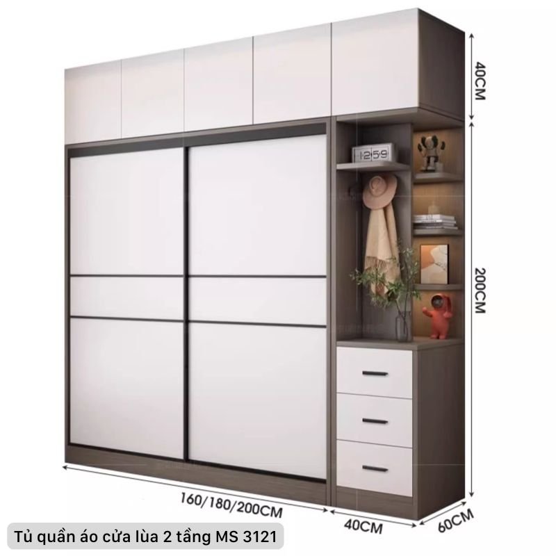 Kích thước tủ quần áo cửa lùa 2 tầng Tủ quần áo cửa lùa 2 tầng MS 3121