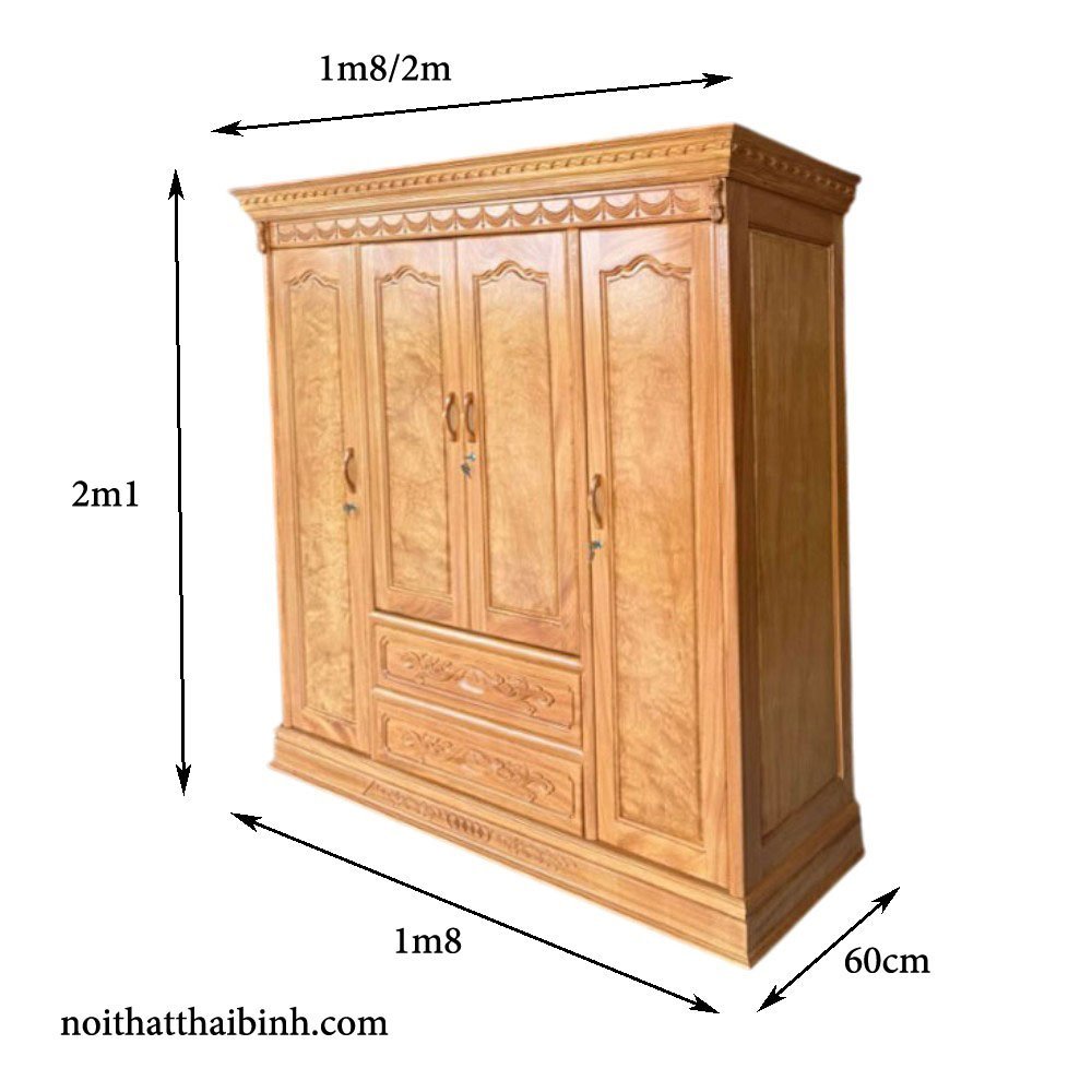 Tủ quần áo gỗ gõ đỏ 4 cánh MS 3437 - kỹ thuật đóng mộng chắc chắn