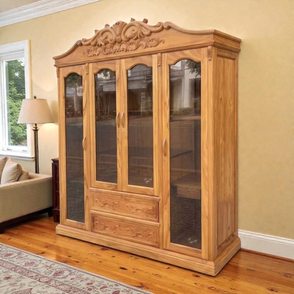 Tủ quần áo gỗ gõ đỏ cánh kính cường lực Tủ quần áo gỗ gõ đỏ cánh kính cường lực