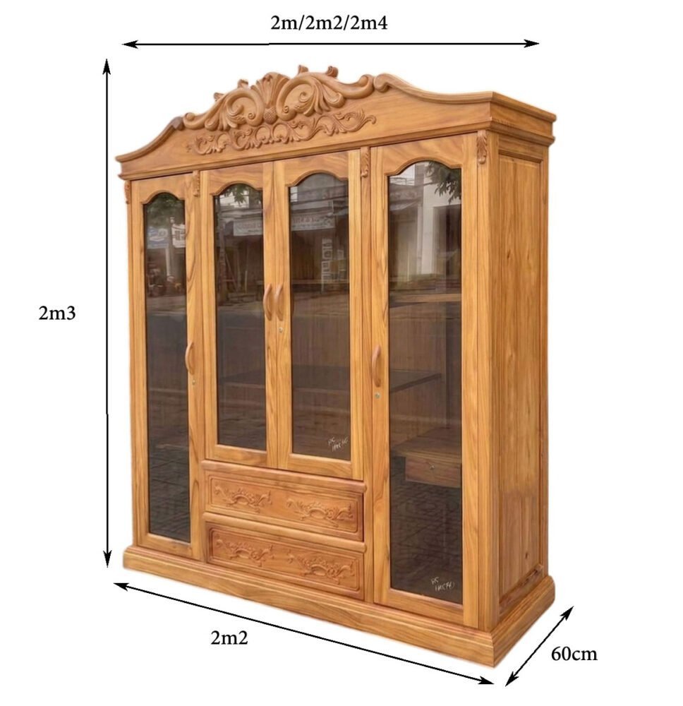 Kích thước tủ quần áo gỗ gõ đỏ cánh kính cường lực