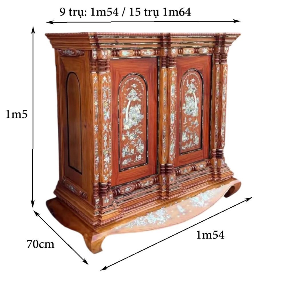 Kích thước tủ thờ gỗ căm xe gõ đỏ 9 trụ