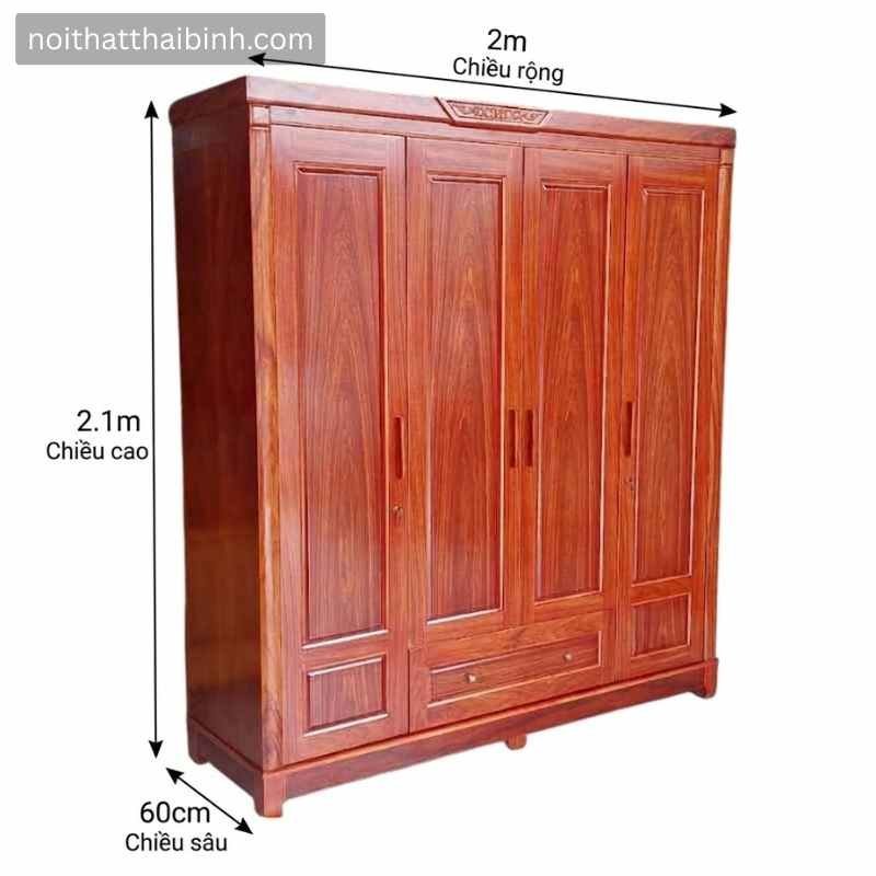 Tủ quần áo gỗ tự nhiên 4 cánh cao cấp - góc nghiêng