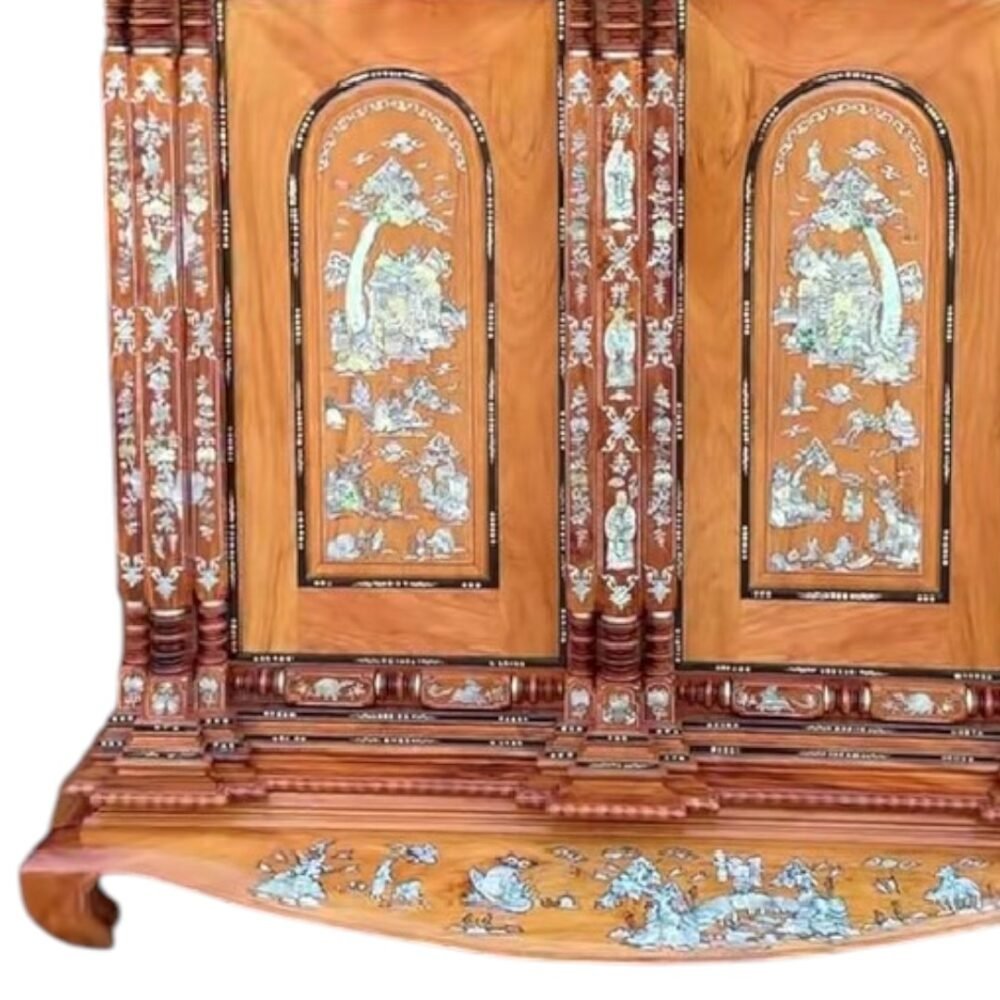 Mặt tủ thờ gỗ căm xe gõ đỏ 9 trụ chạm khắc tinh xảo